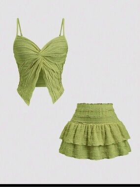 SHEIN Lime Green Knit Twist Cami & Tiered Ruffle Mini Skirt Set